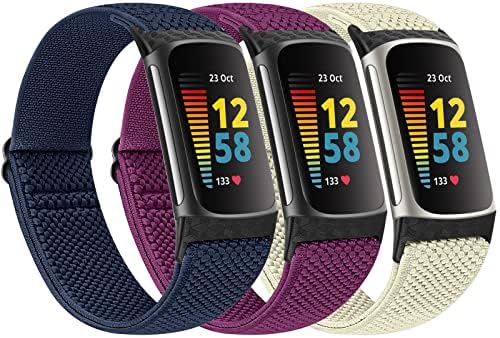 Huamanlou Elastic Sport Loop Straps Only Compatible with Fitbit Charge 5 Strap, Soft Adjustable Breathable Nylon Replacement Wristband for Women Men