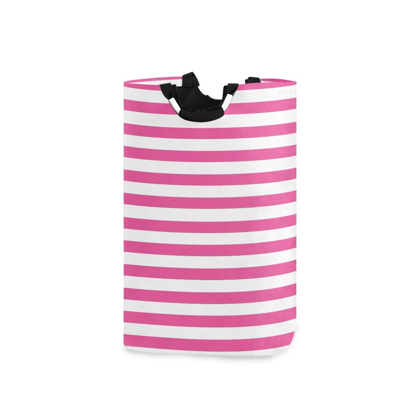 Jihqo Laundry Hamper Basket Rosy Red White Stripes Collapsible Nursery Storage Bin Waterproof Clothing Baskets for Home Bedroom Bathroom Washing Room