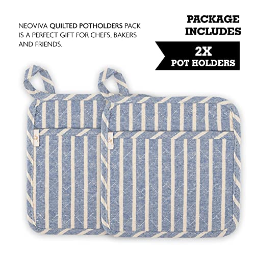 Neoviva Quilted Denim Kitchen Pot Holder Set Of 2 With Loop, 8”X8” Hot Pot Holders Heat Resistant With Pocket For Easy Grip, Woven Striped Cosmic Sky #TOP1