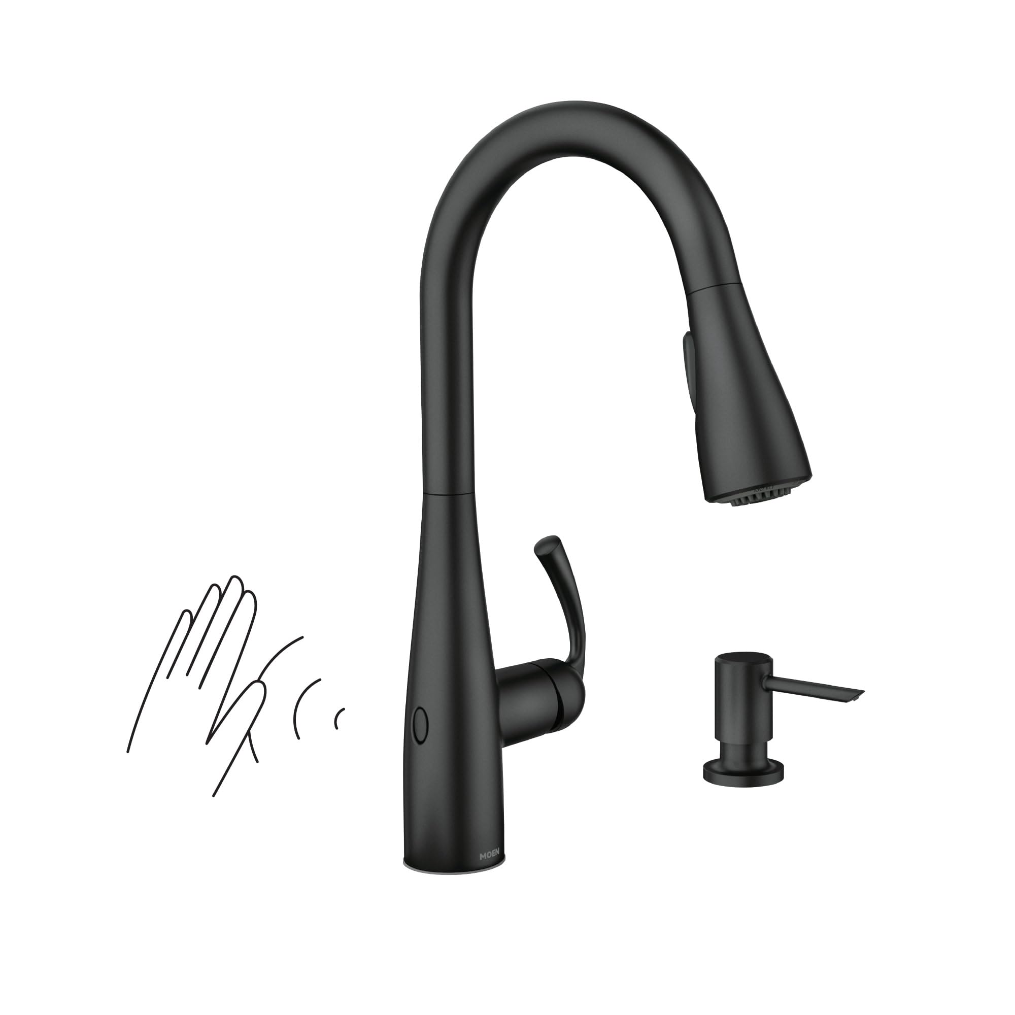 Photo 1 of Moen Essie Matte Black MotionSense Wave One-Handle Touchless Kitchen Faucet with Pulldown Sprayer and Soap Dispenser, 87014EWBL