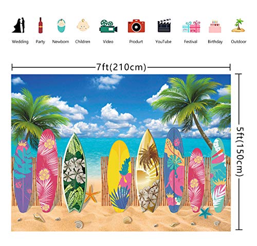 Binqoo 7X5Ft Summer Surfboard Beach Themed Party Photography Backdrop Surfs Up Seaside Tropical Hawaiian Island Background Sea Sky Sunshine Florida Pool Party Backdrop #TOP3