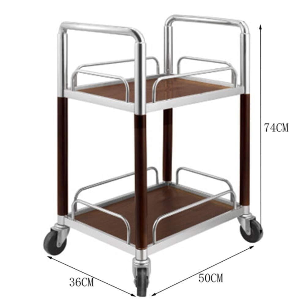Carrello di Servizio in Legno massello con Ruote, Carrello portaoggetti Multifunzionale a 2 Livelli per Cucina, Sala da Pranzo, Bar e Hotel