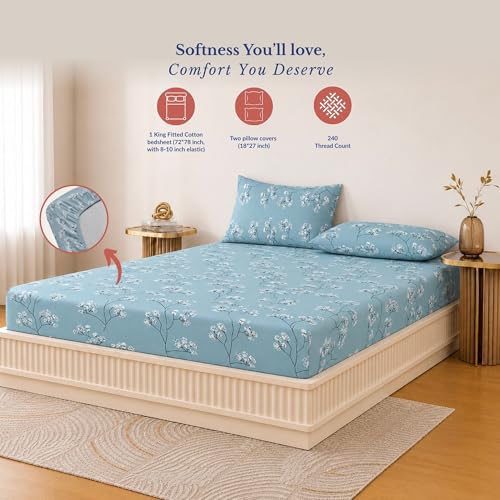 Image of Jaipur Weaves King Size Fitted Bedsheet with Elastic, 100% Pure Cotton King Size Fitted Bedsheet for Double Bed with 2 Pillow Covers, 240 TC, 72x78 Inches up to 8-inch Mattress, Floral Design (Blue)