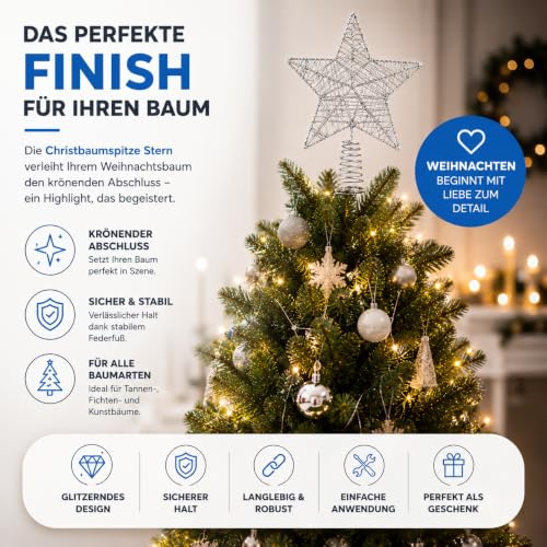 MERRYXMAS Szczytka choinkowa Gwiazdka - na wierzchołek choinki i świętopietrza świętego drzewa na Boże Narodzenie Szczytka choinkowa (srebrna)