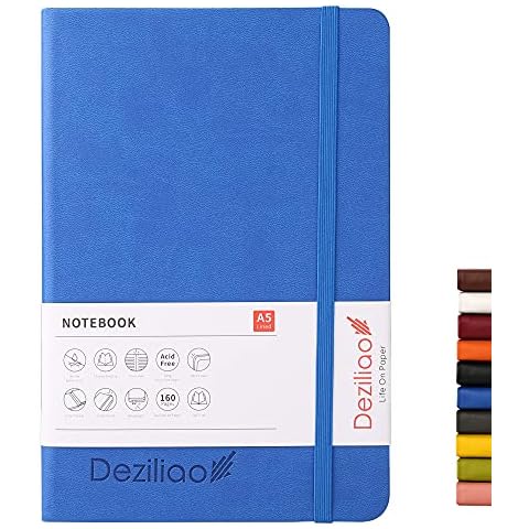 Deziliao Hardcover Notebook Journal 160 Pages, Lined Journal Notebooks for Work, 100Gsm Premium Thick Paper with Pocket, Medium 5.7"x8.4" （Blue, Ruled） Cover