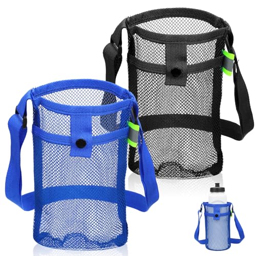 Skrfren 2 Packs Bottle Holder with Strap, Mesh Water Bottle Bag Carrier with Adjustable Shoulder Light Water Bottles Carrier Bag Waters Bottles Holder Carriers for Hiking, Walking, Travel