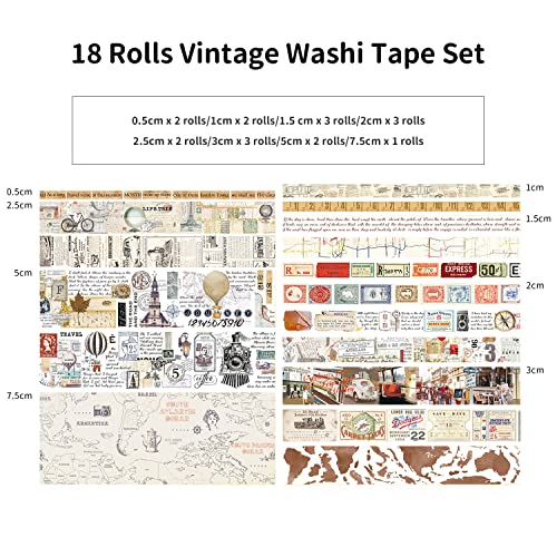 18 Rolls Vintage Washi Tape Set, Newspaper Building Map Retro Masking Tape 5/10/15/20/25/30/50/75Mm Wide 6.56Ft Long Decorative Scrapbook Tape For Journaling, Scrapbooking Supplies, Junk Journal Craft #TOP1
