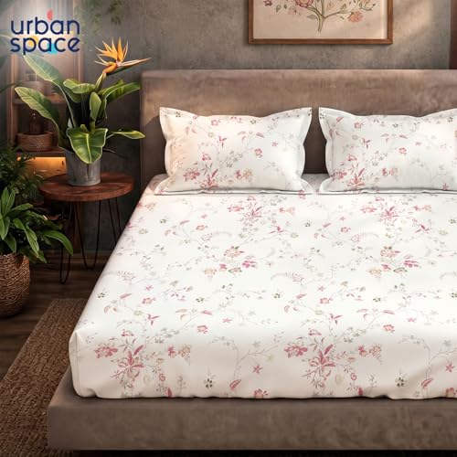 Image of Urban Space Serene 100% Cotton Bedsheet for Double Bed, Floral Queen Size Bed Sheet with 2 Pillow Covers (88 x 100 Inches, Bloom Pearls Pink)
