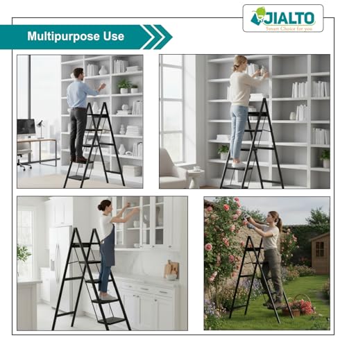 Image of JIALTO 5 Step Metal Ladder for Home, Foldable Lightweight Stepping Stool with Wide Pedals, Anti Slip Heavy Duty 200 Kg Capacity, Portable Ladder for Kitchen, Office, Library (Matte Black)