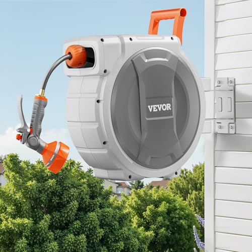 VEVOR Retractable Garden Hose Reel, 5/8 Inch x 100 ft Wall Mounted Hose Reel, Heavy Duty Garden Hose Reel with 9 Patterns Nozzle, Any Length Lock, Upgraded Slow Return System and 180°Swivel Bracket by VEVOR - Used condition - US$128.16