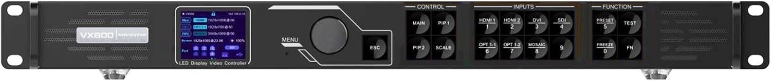 Front panel of the Novastar VX600 showing the display, control knob, and input selection buttons.