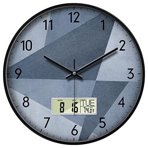 SCAOGE Industrial Wall Clock with Day Week Temperature Grayish Blue Non Ticking Digital Clocks