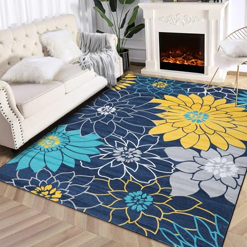GarveeHome Modern Floral Area Rug 4x6, Navy