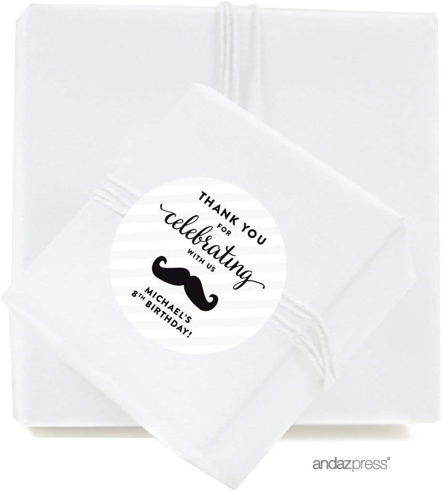 Andaz Press Personalized Birthday Round Circle Labels Stickers, Thank You for Celebrating with Us, Mustache Black, 40-Pack, for Gifts and Party Favors, Custom Name