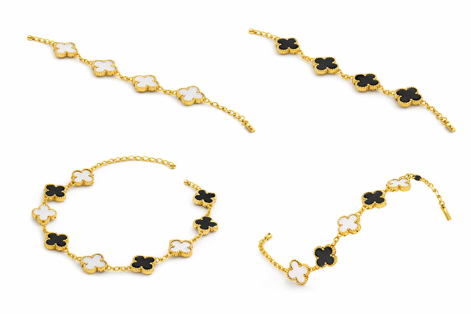 Four Leaf Clover Charm Bracelet, Gold-Tone Chain, Black and White, Adjustable-image-7