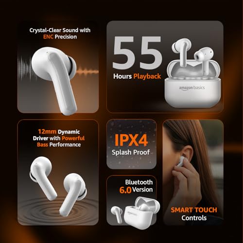 Image of Amazon Basics Pro Series Wireless in Ear Earbuds, Bluetooth 6.0 TWS Earphones with Mic, 4 Mics ENC, 55H Playtime, Fast Charging, Smart Touch Control, 12mm Driver, IPX4 Water Resistant (White)