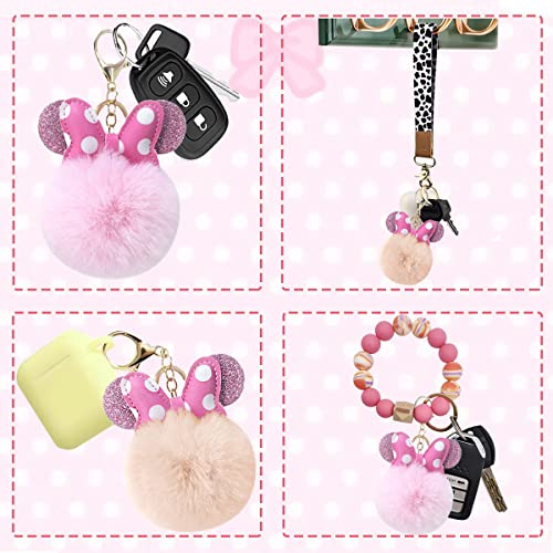 Sunwel Fashion Cute Pom Pom Keychain- Mouse Ears & Polka-Dot Bow Fluffy Fur Ball Keyring Charm Handbag Pendant (Beige/Pink) #TOP4