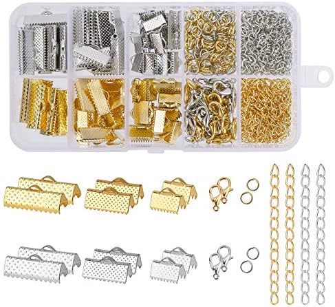 Jewelry Accessories Set with Pinch Crimp Ends Ribbon End, Lobster Clasps, Open Jump Rings, Extension Chains for Bracelet Necklace Choker Jewelry Making (370 Pieces)