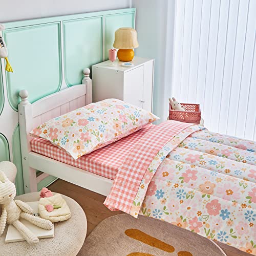 Girls' 4 Piece Cotton Toddler Bedding Set with Pink Flowers Design