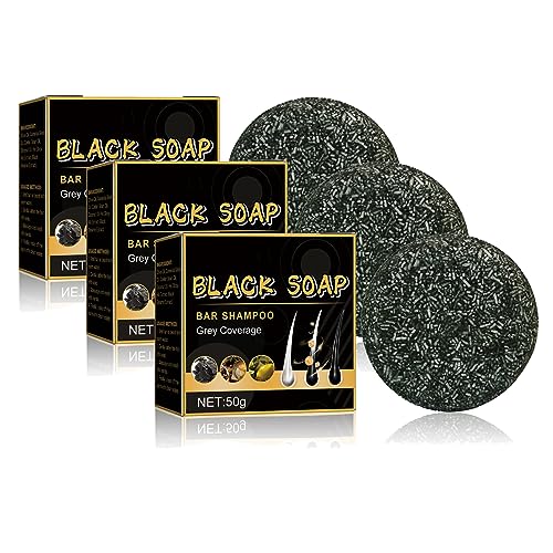 Black Hair Soap, Hair Darkening Soap, Black Soap Bar, Gray Coverage Bar Shampoo, Cover Bar Soap for Gray Hair, Black Hair Soap Bar for Men&Women (3pcs)（Amazon）