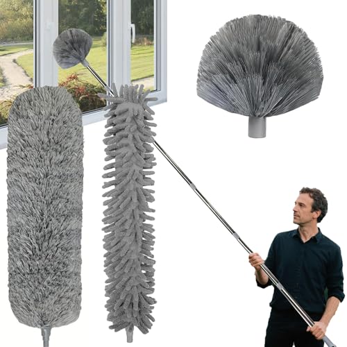 Plumeau Telescopique 6m, Tete De Loup Telescopique avec Extension RéGlable 1,5 à 4,9 m, Balai AraignéE Tete De Loup Telescopique, Tête en Microfibre...