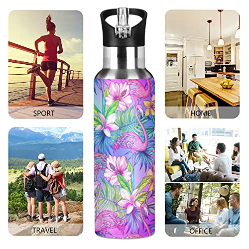 Mnsruu Water Bottle With Straw Stainless Steel, Pink Flamingo Tropical Bird Flower Hot Cold Insulated Sports Water Bottle For Cycling Hiking School Yoga Gym, Leak Proof Lid #TOP4