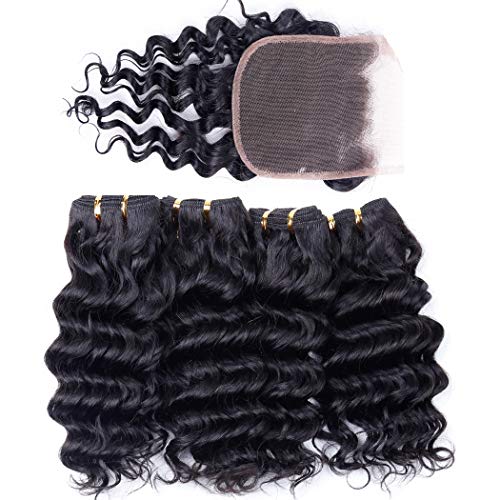 10A Deep Wave Bundles with Closure (10 10 10 10&8) Unprocessed Virgin Peruvian Human Hair 4 Bundles with Lace Closure