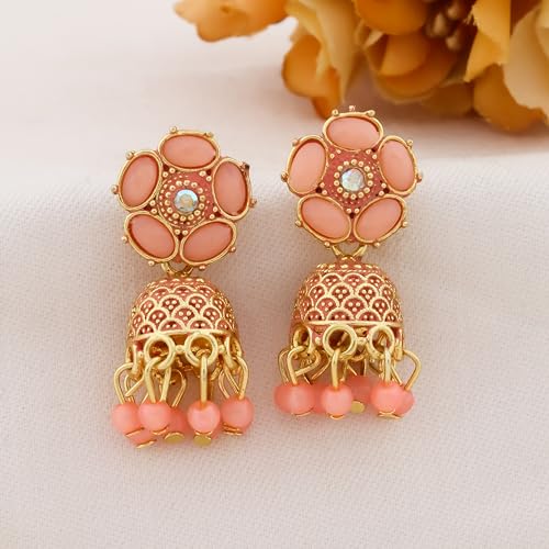 Image of Traditional Jhumka meenakari oxidised kundans flower Jhumka Earrings, Floral Design with Beaded Danglers, Multiple Colours Available