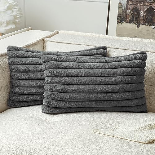 MIULEE 2er Set Kissenbezug 30×50cm Breitstreifen Plüsch Grau – Ansicht 1
