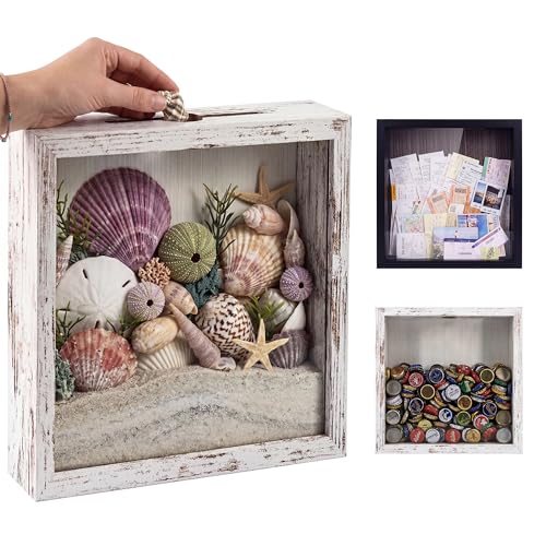 Image of GraduationMall 8x8 Top Loading Shadow Box Frame with HD Glass,Wood Display Case with Slot,1.25 inches Interior Depth,Ideal for Wine Bottle Caps,Tickets,Shells,Stamps and More,White
