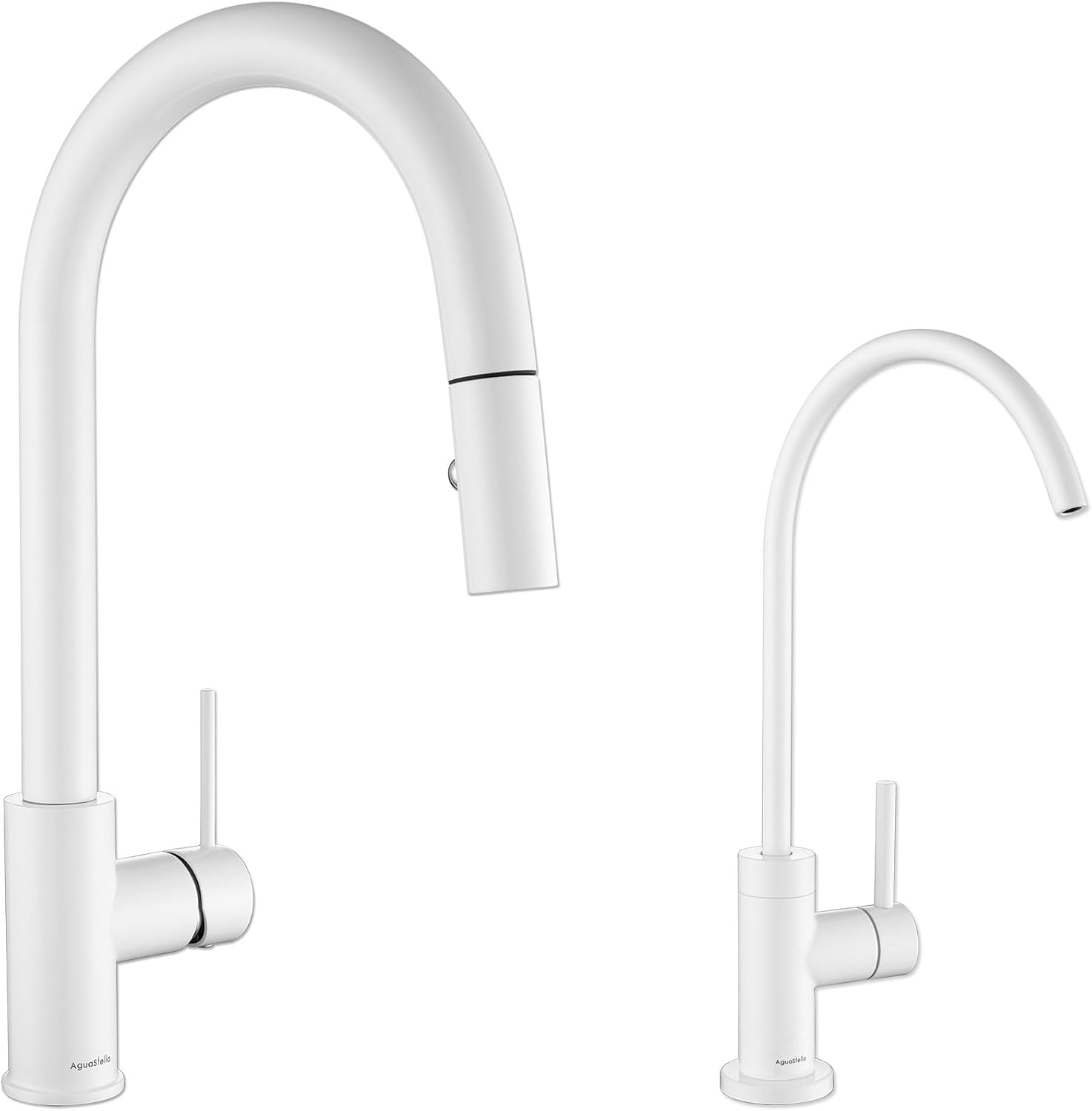 AguaStella AS60W White Pull Down Kitchen Faucet and AS09W White Stainless Steel Water Filter Faucet for Most Reverse Osmosis Units or Water Filtration System in Non-Air Gap Combination
