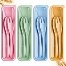 Quatish Reusable Travel Utensils with Case,4 Sets of Camping Utensils,Portable Wheat Straw Utensil Knife, Fork, Spoon for Lunch Box,Kitchen, Travel, Picnic & Daily Use - Easy to Clean Multi-Color