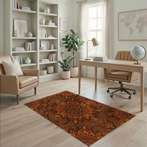 ODIKA 4'x6' Washable Traditional Floral Area Rug, Orange Flatwoven Floor Mat for Home Office, Gaming Room, Under Desk, Non-Slip Chair-Friendly Carpet | Ref:2001380