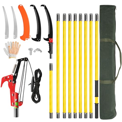 Outopee 30FT Pole Pruning Saw, Manual Pole Saw Long Handle Pruner Set, Telescopic Tree Trimmers Garden Tools with Sharp Blade, Scissors, Carry Bag for Pruning Palms and Shrubs High Branches, Yellow