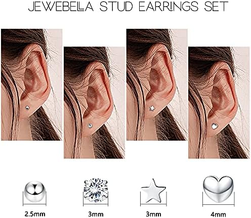JeweBella 925 Sterling Sliver Tiny/Small Stud Earrings Set for Women Girls Cubic Zirconia Earrings Cartilage Helix Ear Piercing Star Ball Heart Earrings