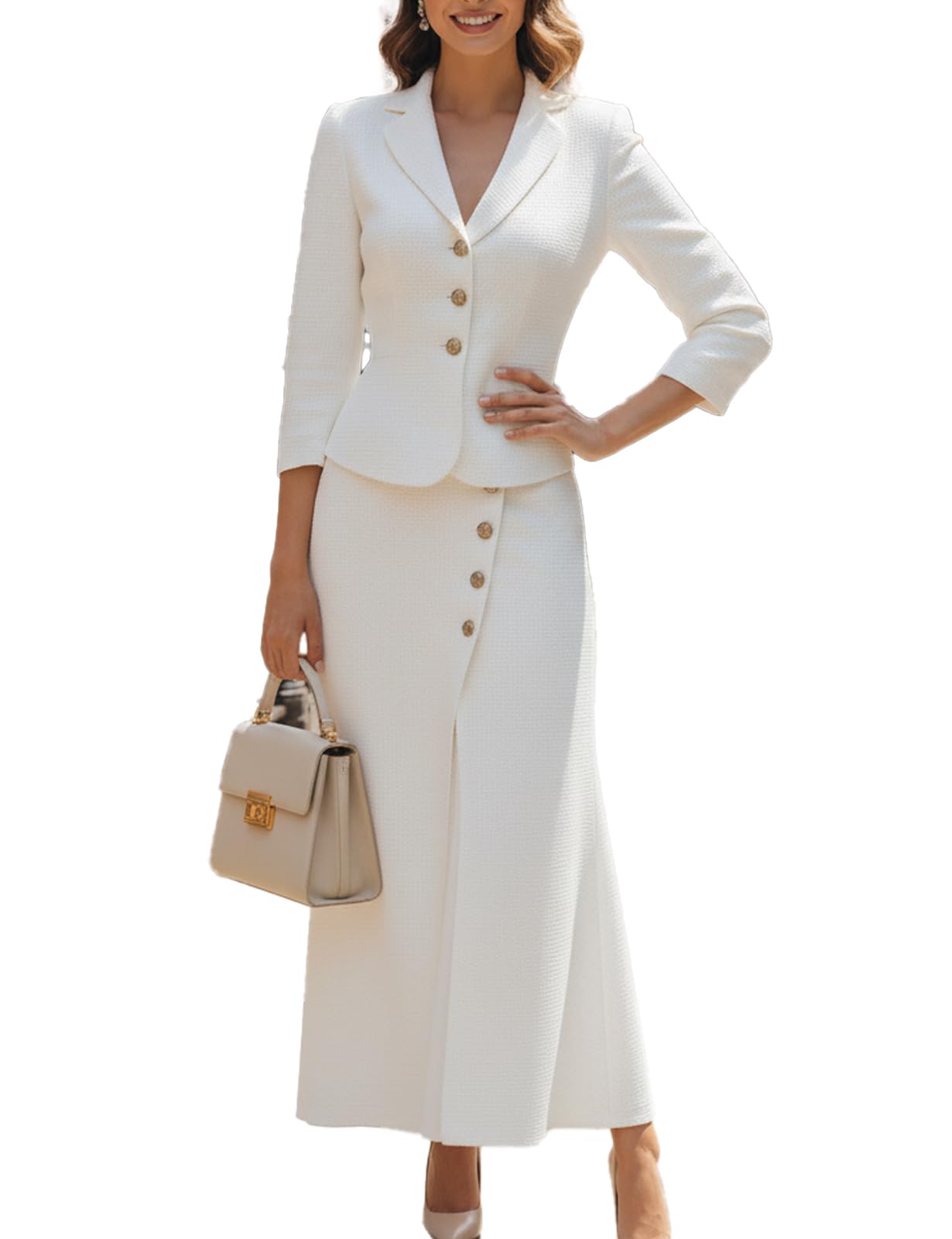Womens Cream Textured Blazer and Ankle-Length Skirt Set Elegant Two-Piece Outfit with Gold Buttons Business Formal