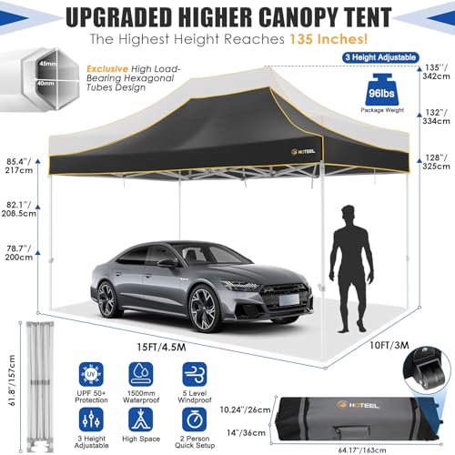 Image of HOTEEL 10x15 Heavy Duty Pop Up Canopy Tent for Parties Event Wedding Commercial Instant Canopy Portable Shelter Folding with Roller Bag, Waterproof UV Resistant, Upgraded Thick Hexagonal Legs, Black
