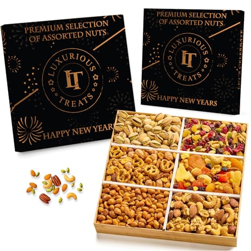 Luxurious Treats Nuts Gift Basket New Year Gifts Baskets for Adults Gourmet Mix Nut Variety Pack 6 Assortment Healthy Snack Trays Food Gifts for Men Women Family
