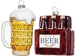 2 Pack Hand Blown Glass Beer Ornaments for Christmas Tree, Hand Painted Glass 6 pk Beer Ornament and Beer Mug Ornament