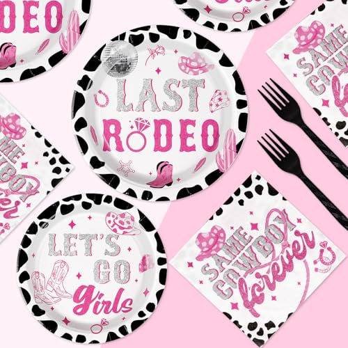 Image of Grencian 96Pcs Last Rodeo Bachelorette Party Decorations,Serves 24 | Pink Silver Disco Cowgirl Plates Napkins Let's Go Girls Tableware Set for Nashville Western Bridal Baby Shower Bday Supplies