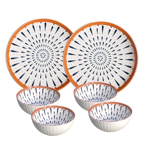 Image of Lellow Ceramic Dinner Set of 6 | 4 Bowls 2 Plates | Floral Petal Pattern | Microwave Safe | Dishwasher Safe | Premium Glazed Dinnerware for Everyday & Gifting - Droplets