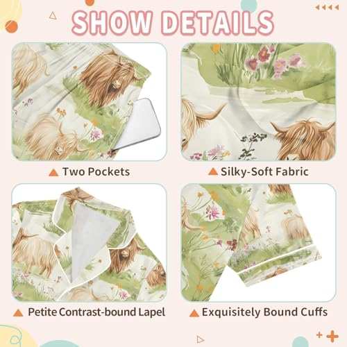 senya Highland Cattle Meadow Satin Summer Pajama Sets Silk Short Sleeve Button Down Sleepwear3