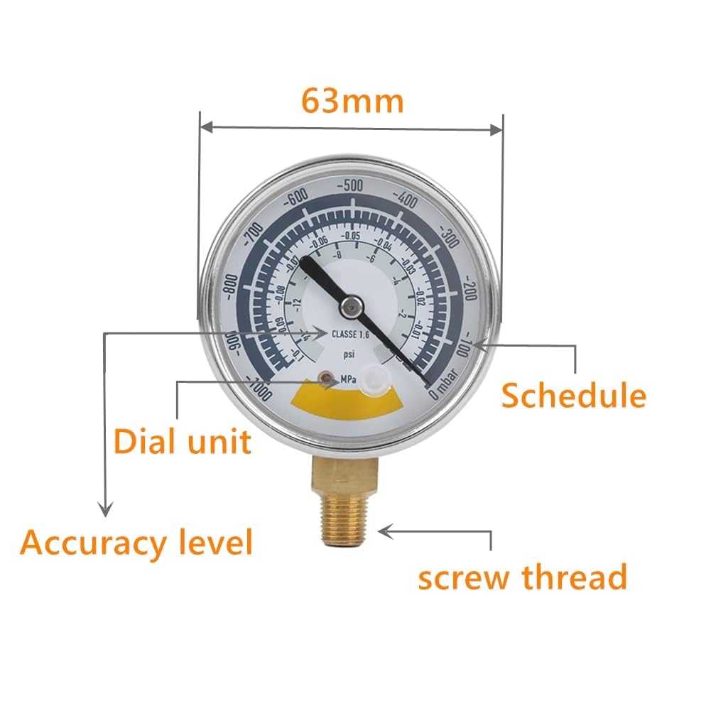 Dioche Manomètre à Vide, Manomètre Précis, Instrument de Jauge d'air pour Pompe à Vide 0-14psi NPT Connecteur 1/8 pouces Manometre Pompe a Vide