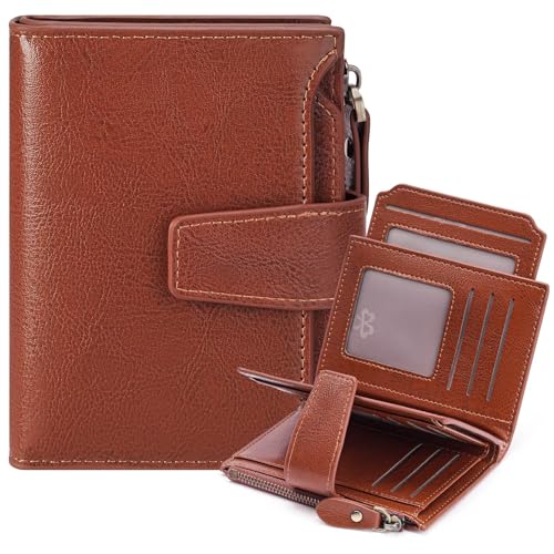 Image of GOIACII Leather Women's Wallet RFID Blocking Credit Card Holder Brown | Compact, Small, Trifold Billfold with Zipper Coin Pocket, 4 ID Windows
