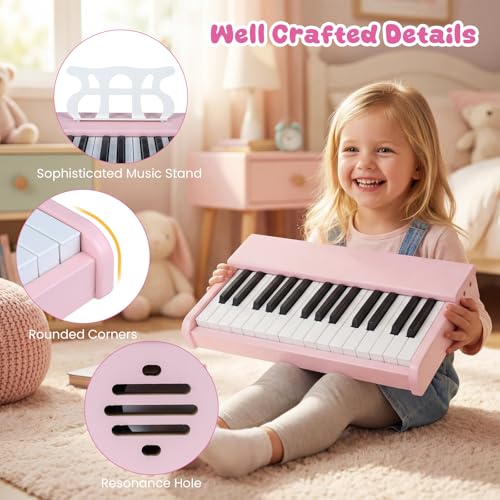 Costzon Kids Keyboard Piano, 30 Keys Wooden Mini Digital Piano for Kids with Music Stand, Baby Piano Toy, Educational Musical Instrument Toys, Birthday Gift for Toddlers Boys Girls 3+ Years (Pink) - Thumbnail 4