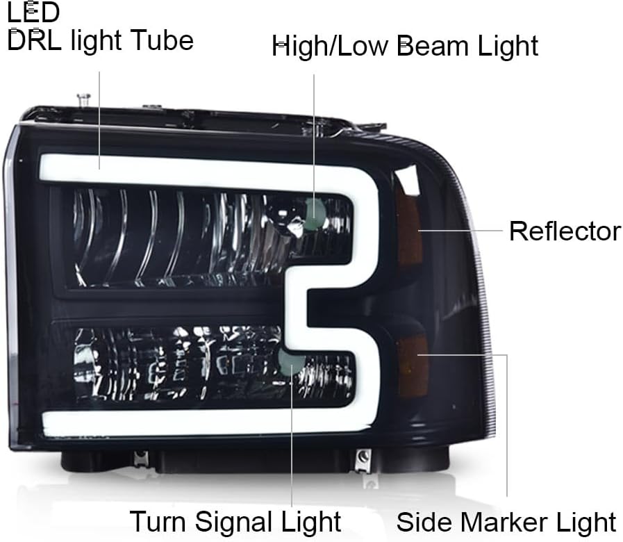 ANDPLAY LED DRL Headlights Assembly Left & Right Compatible with Ford F250 F350 F450 F550 2005-2007 Fit Ford Excursion 2005 Headlamps FO2503224, FO2502224 Smoke Lens Black Houing Amber Reflector