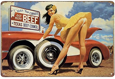 Watch Your Curves Eat More Beef Metal Tin Sign, Tin Poster,Retro Vintage Tin Sign 12 X 8 Inches (8 * 12, TPH-CAR-01)