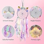 LED Lighted Up Unicorn Dream Catcher Wall Decor Colorful Feather Dreamcather Wall Hanging for Girls Kids Bedroom Decoration (Purple with Light) - Image 2