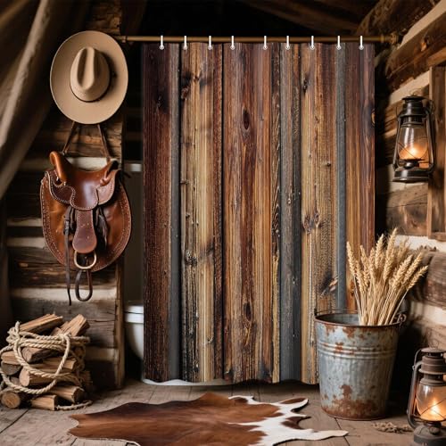 Ydbkt Wooden Board Brown Rustic Shower Curtain, Farmhouse Barn Door Cloth Set for Bathroom, Vintage Countryside Wood Board Fabric Bathroom Decor Curtains, Waterproof Bathroom Sets with Hooks, 72"x72" by Ydbkt - Used condition - Image 2