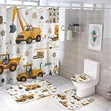 TOWINSFB 4Pcs Cartoon Excavator Vehicle Shower Curtain, Construction Truck Crane Shower Curtain Sets with Toilet Lid Cover, U-Shaped Mat and Non-Slip Rugs, Bathroom Decor Set, 72" x 72"
